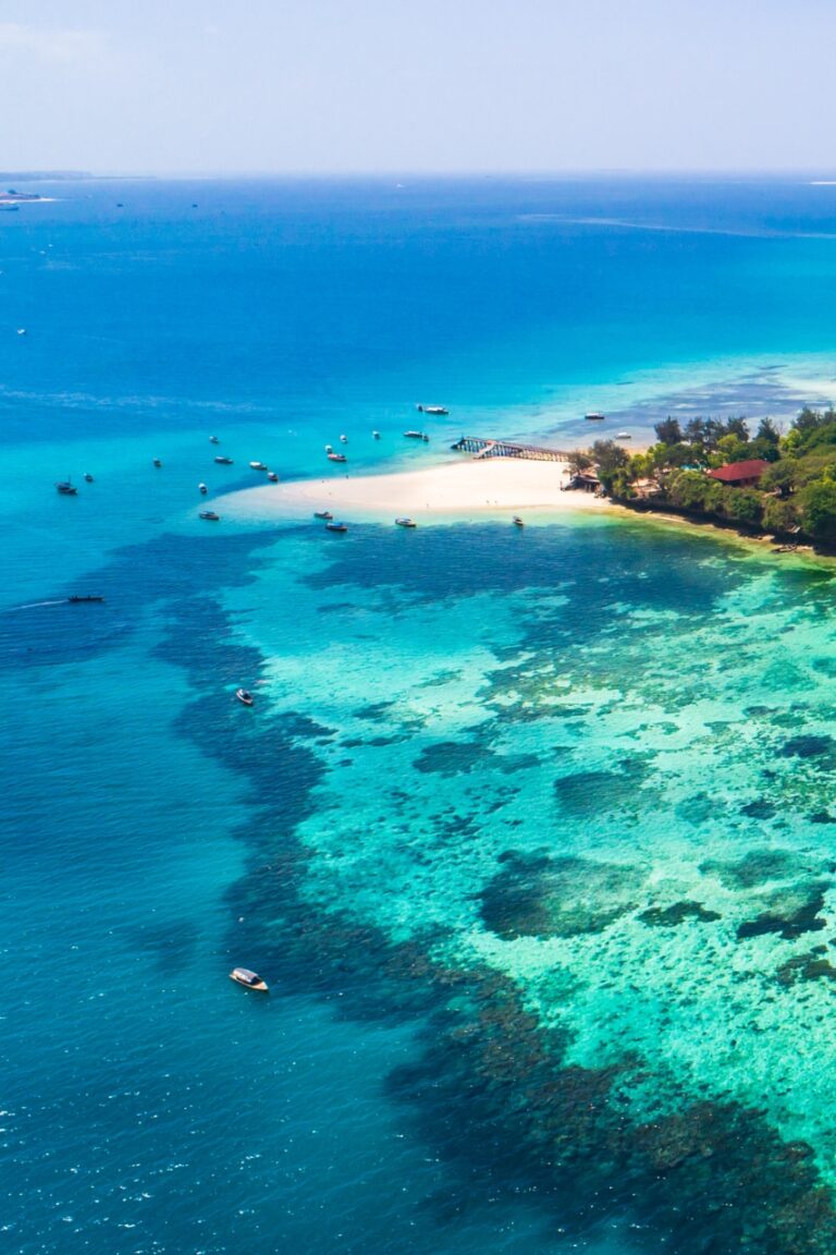 Drone image of tanzania beach with clear blue waters and white sand