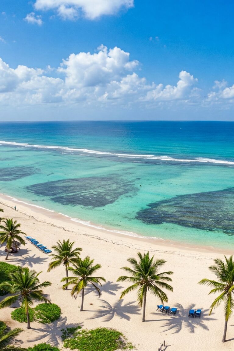 Drone image of tropical white sand beach with clear blue water in Kenya