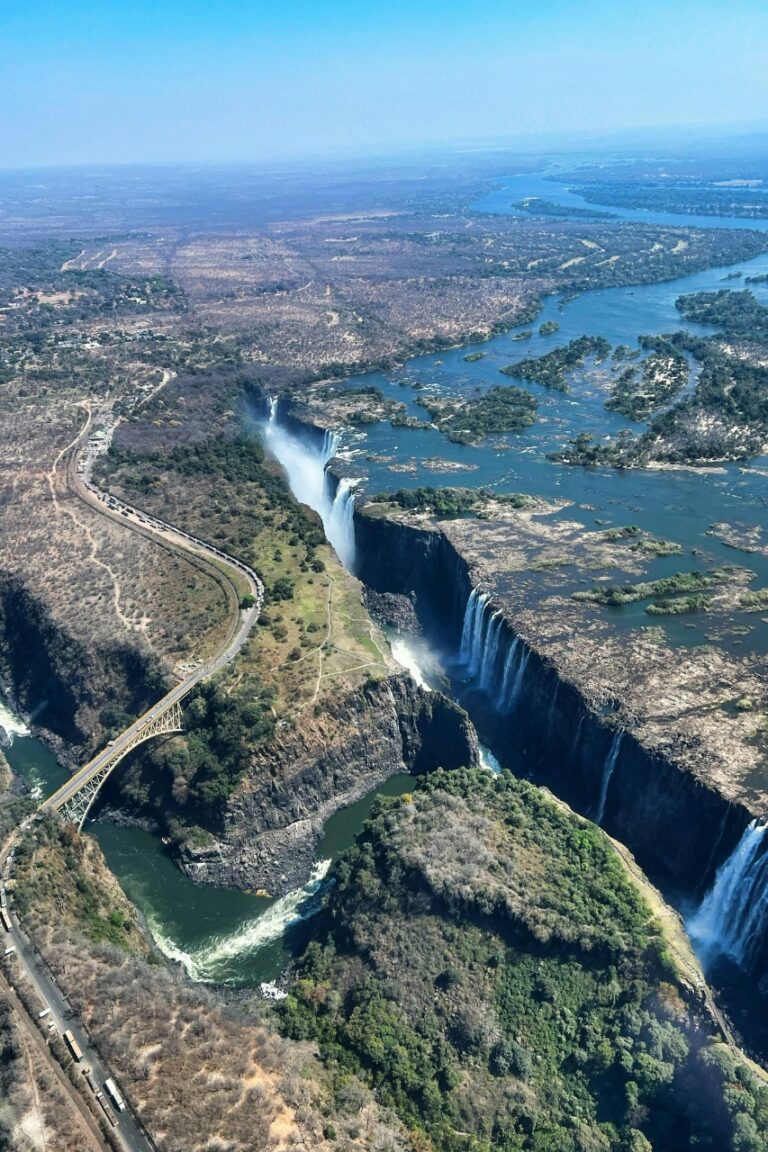 Wide angle drone shot of victoria falls zambia