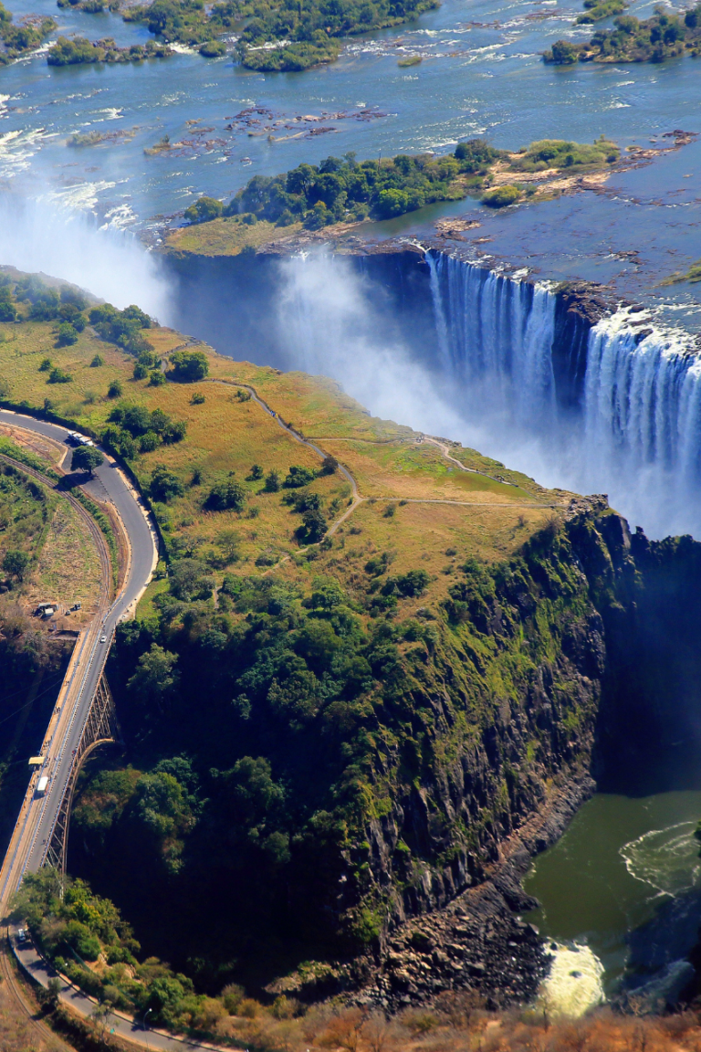 Drone image of road next to Victoria Falls in Zimbabwe
